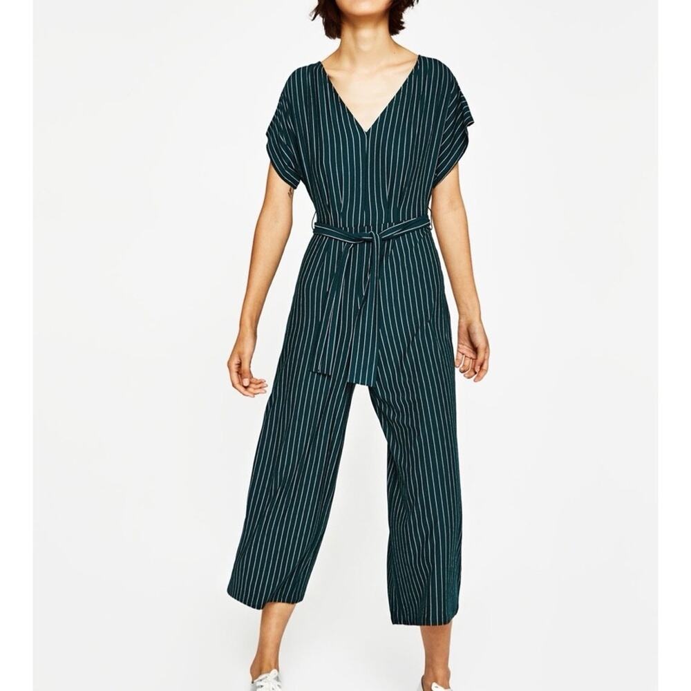 Bershka Green Striped Tie Waist Jumpsuit Size XS